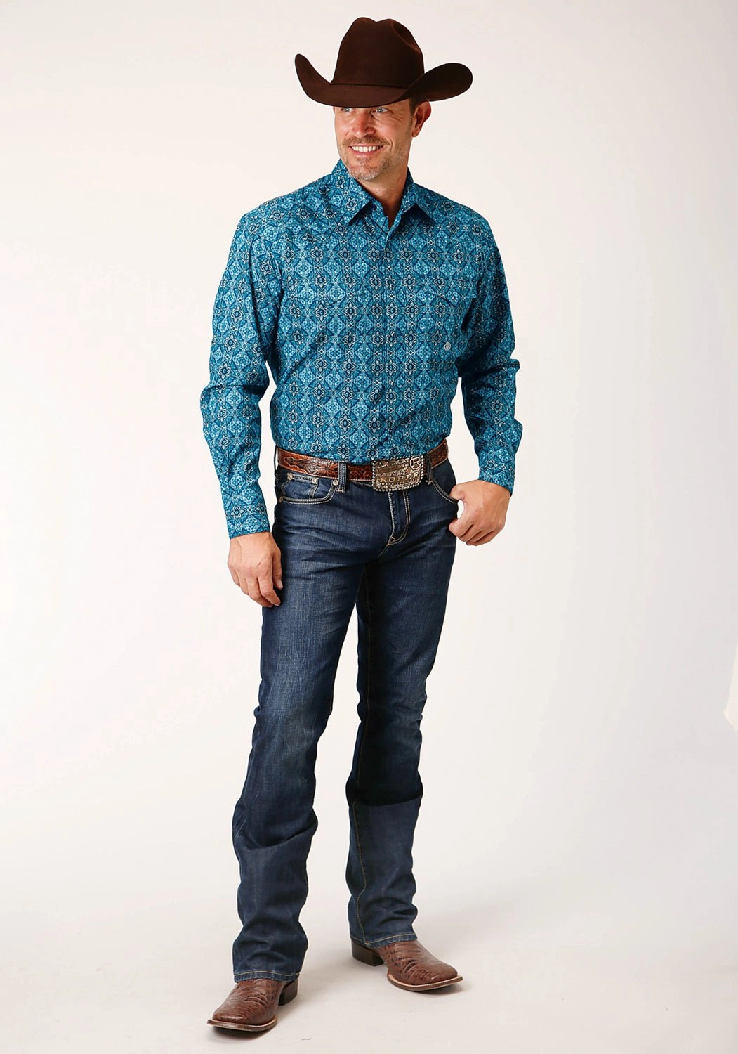 Unstructured Shoulder Textured Finish Roper Mens Gothic Medallion Blue 100% Cotton L/S Shirt