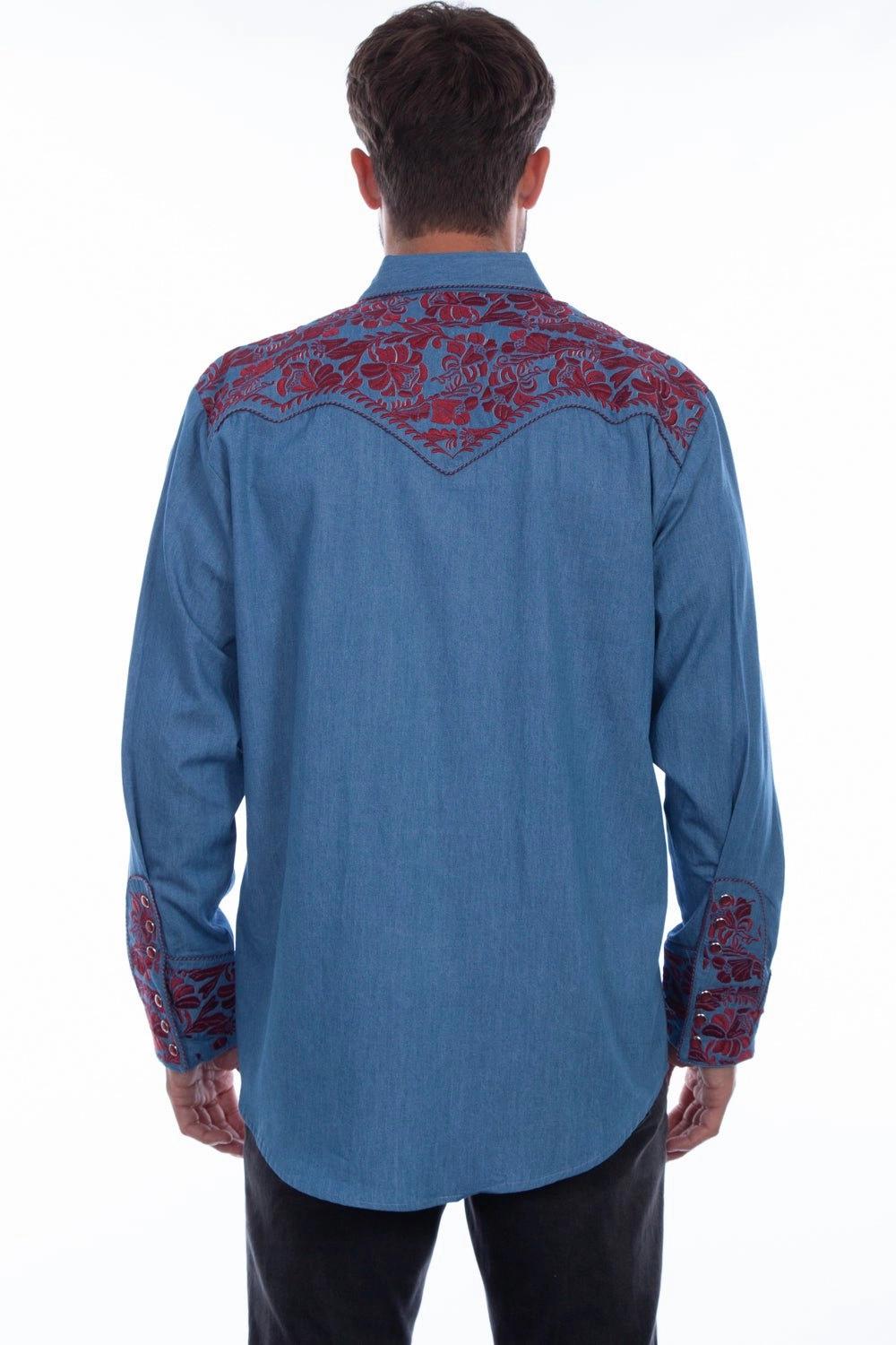 Ergonomic Sleeve Cut Adjustable Cuffs Scully Mens Blue/Cranberry Polyester Tooled Floral L/S Shirt