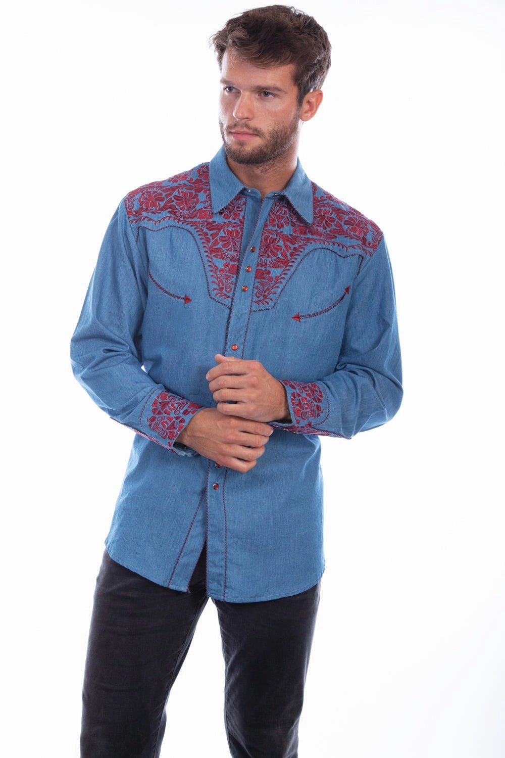 Scully Mens Blue/Cranberry Polyester Tooled Floral L/S Shirt Pullover Design Stretchable Material