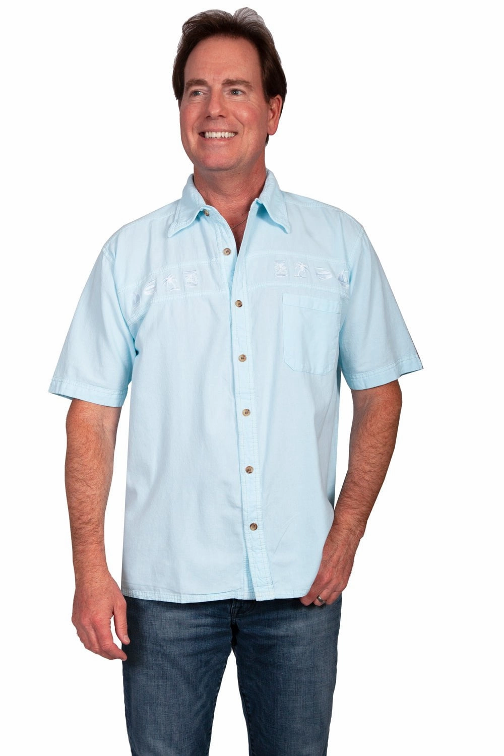Scully Mens Aqua Sky 100% Cotton Tonal Tropical S/S Shirt Handcrafted Detail Refined Aesthetic