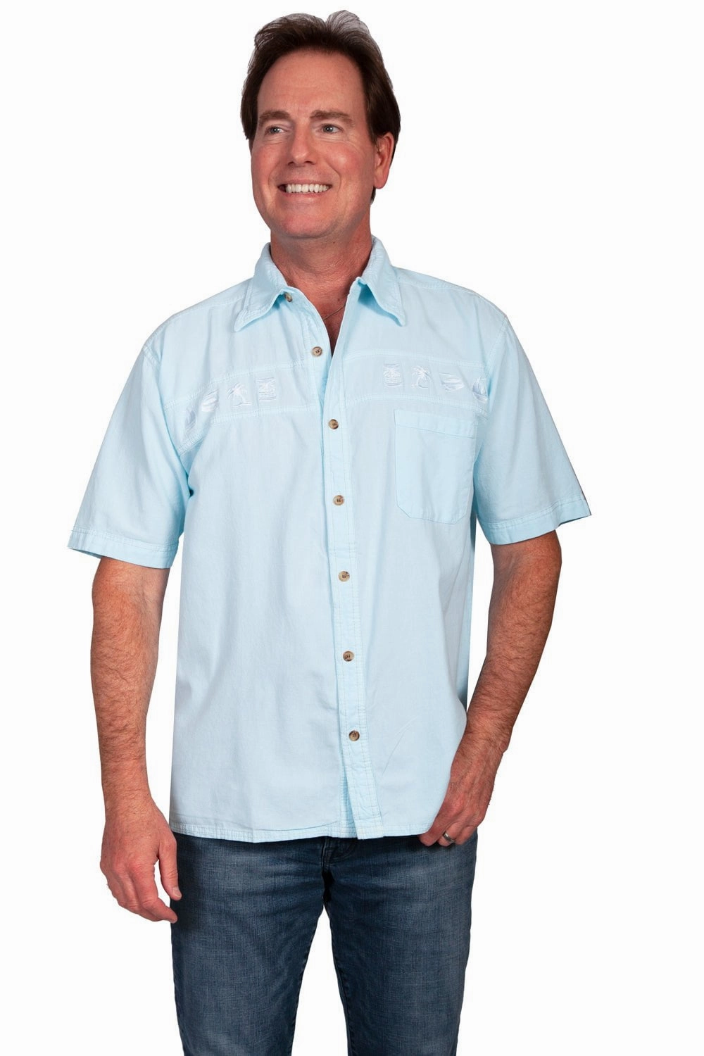 Anti Static Lining Scully Mens Aqua Sky 100% Cotton Tonal Tropical S/S Shirt
