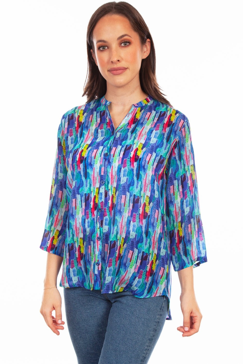 Scully Womens Blue Multi Rayon Dazzling S/S Blouse Easy Care Material vacation wear