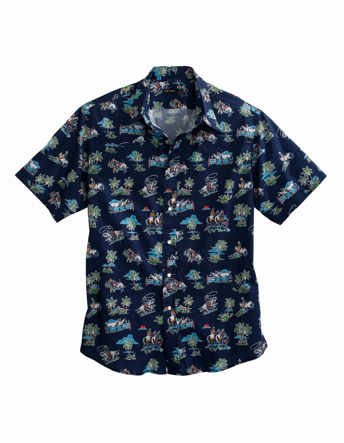 Tailored Cut Tin Haul Mens Blue 100% Cotton Cowboy Tropics S/S Hawaiian Shirt