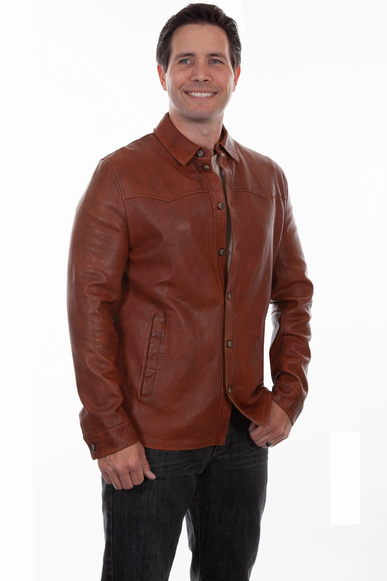 Casual Outdoor Look Scully Mens Contemporary Western Shirt Cognac Leather Leather Jacket