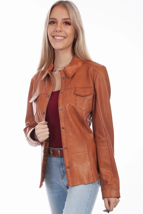 Reinforced Shoulders Frictionless Inner Layer Scully Womens Cognac Lamb Leather Contemporary Snap Jacket