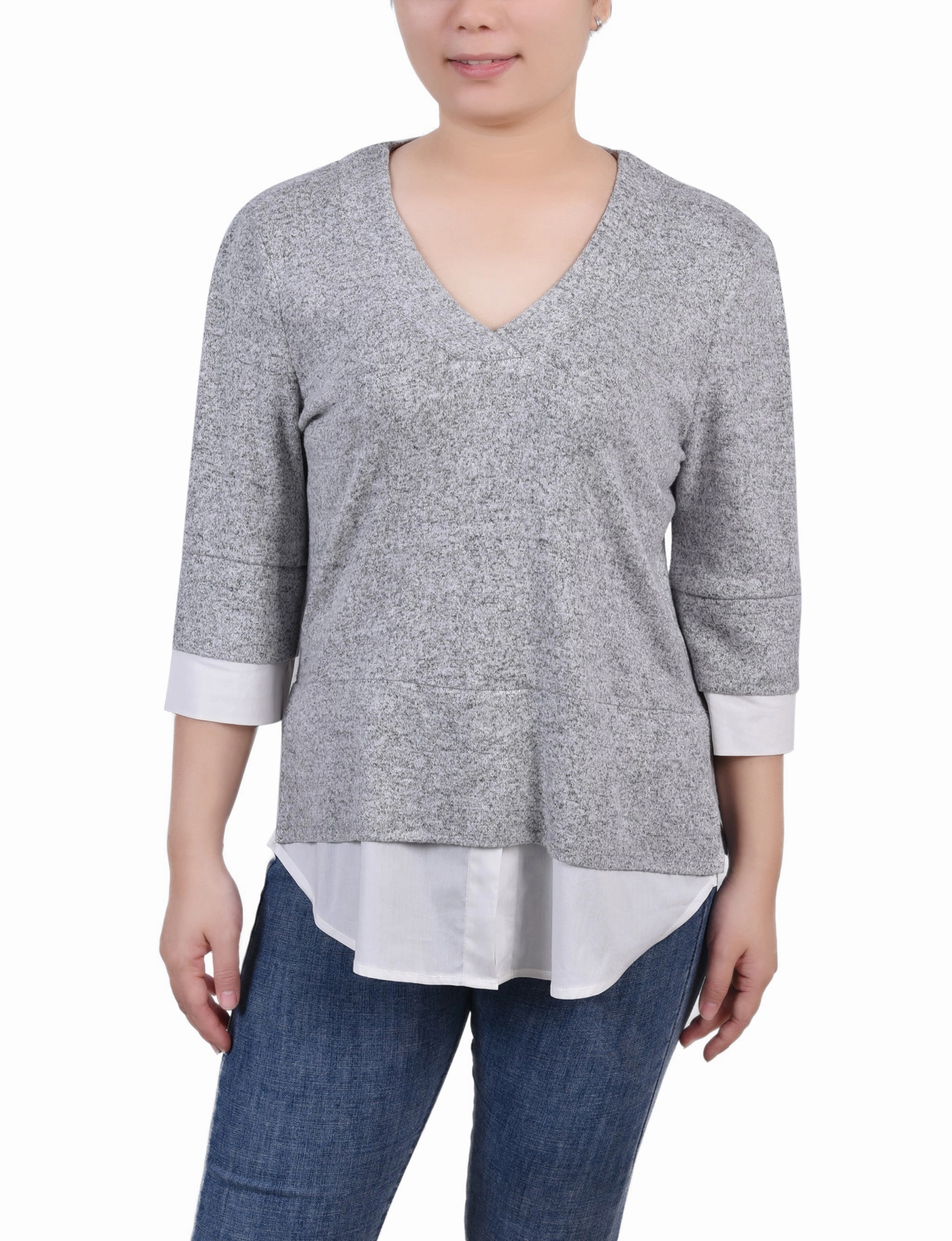 Long Sleeve 2-In 1 Top Contrast Topstitching Detail