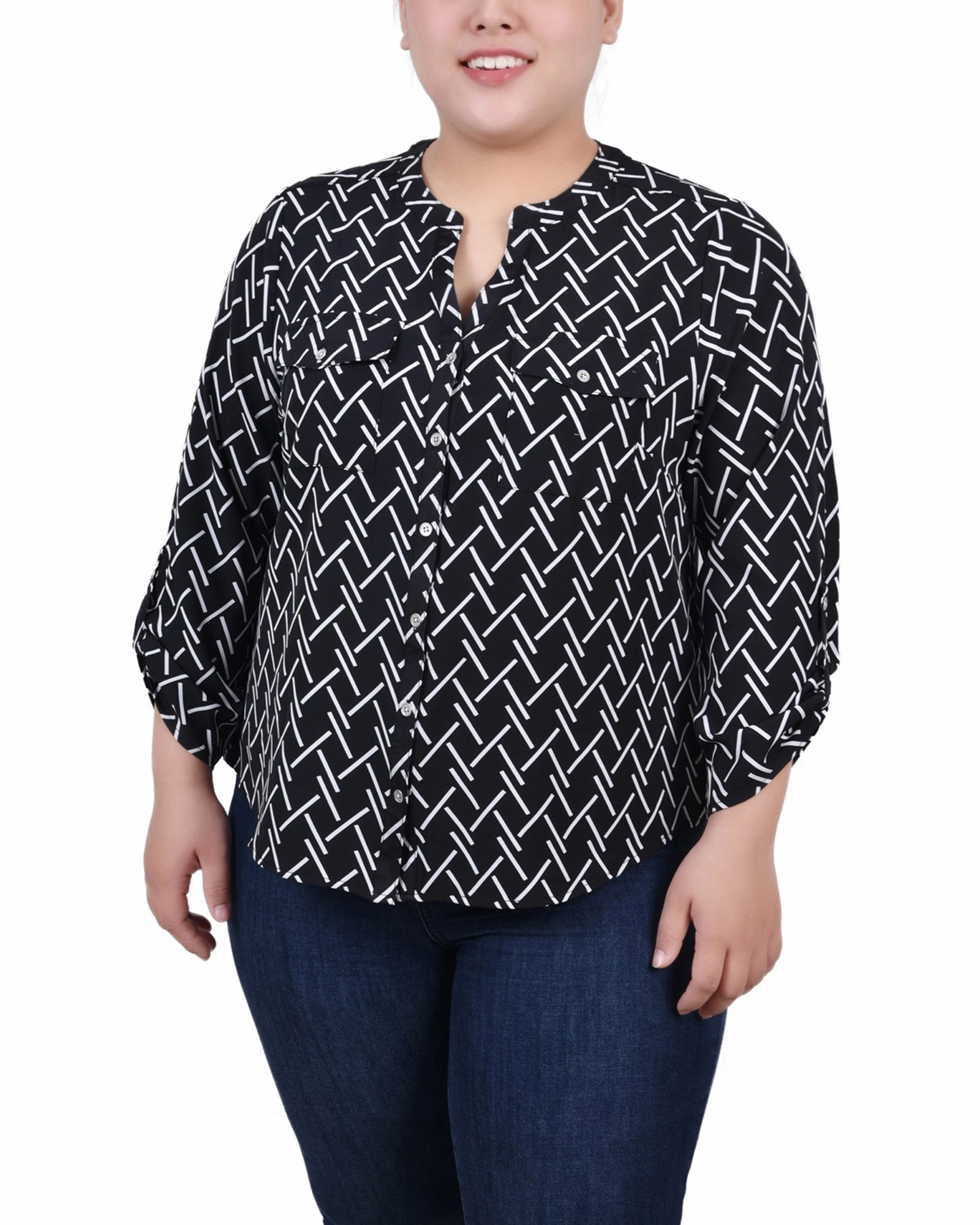 Plus Size 3/4 Roll Tab Sleeve Y-Neck Blouse Button Down Collar ElasticEdgeBinding