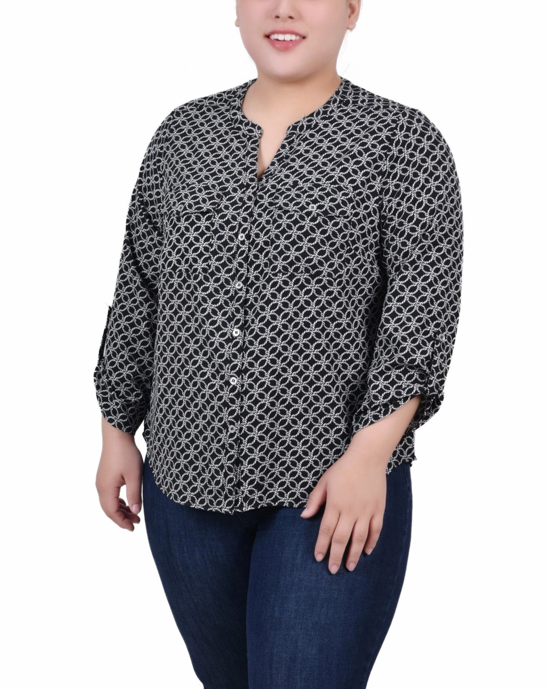 Plus Size 3/4 Roll Tab Sleeve Y-Neck Blouse Heather Effect Finish ReinforcedStitching
