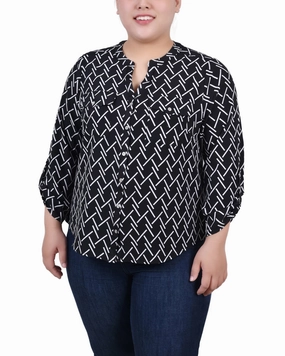 Softened Edges Elastic Edge Binding Plus Size 3/4 Roll Tab Sleeve Y-Neck Blouse