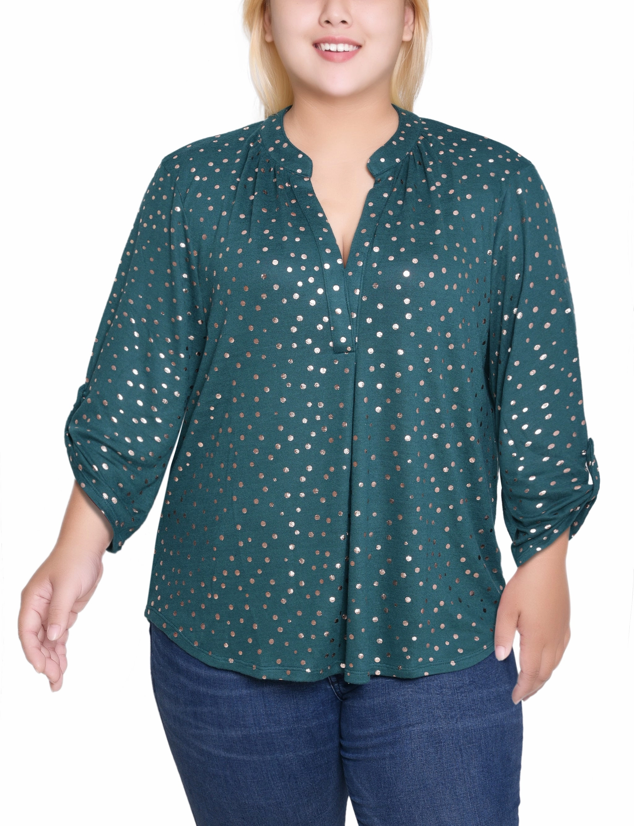 Plus Size Long Roll Tab Sleeve Tunic Circular Knit