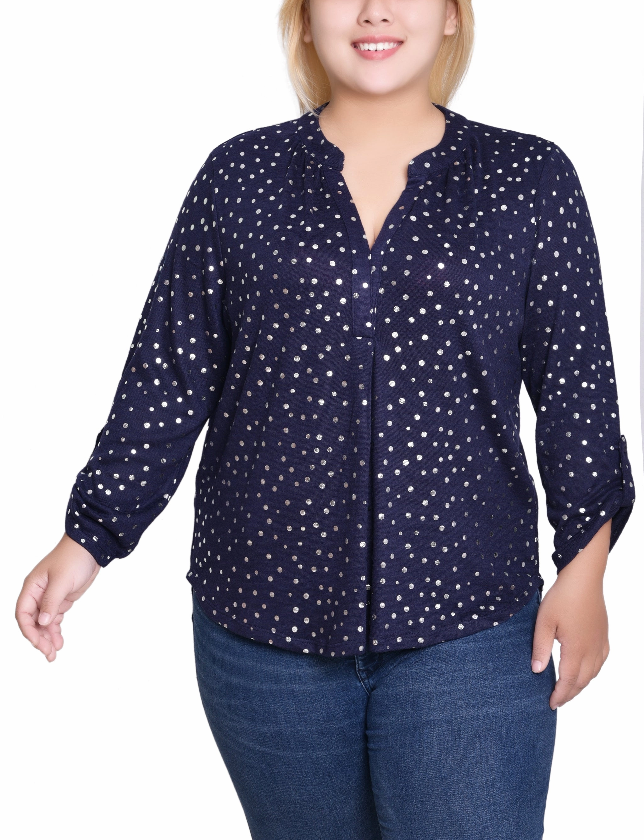 Ventilated Back Panels Plus Size Long Roll Tab Sleeve Tunic