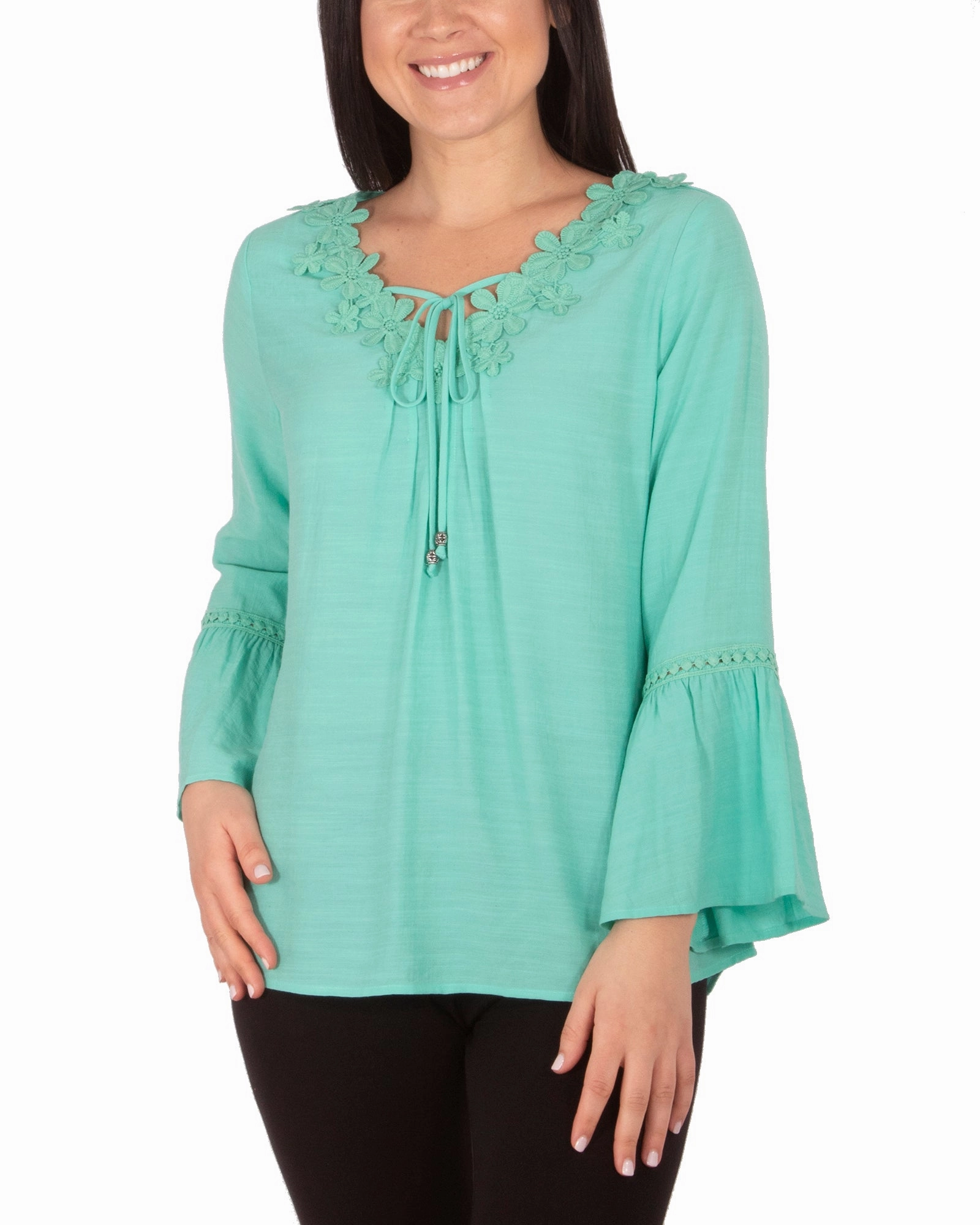3/4 Sleeve V Neck Blouse With Crochet Trim And Tie Tagless Comfort Collar Non Restrictive Cut
