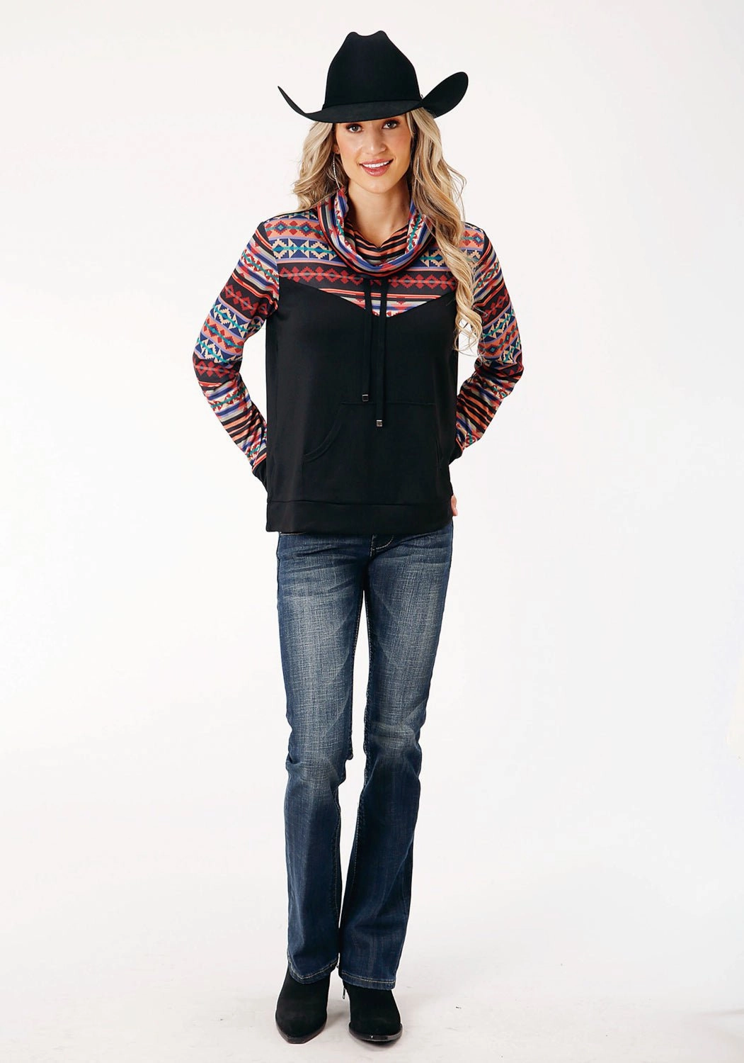 Shawl Lapel Frictionless Zipper Tracks Roper Womens Cowl Neck Black Multi Polyester Sweatshirt