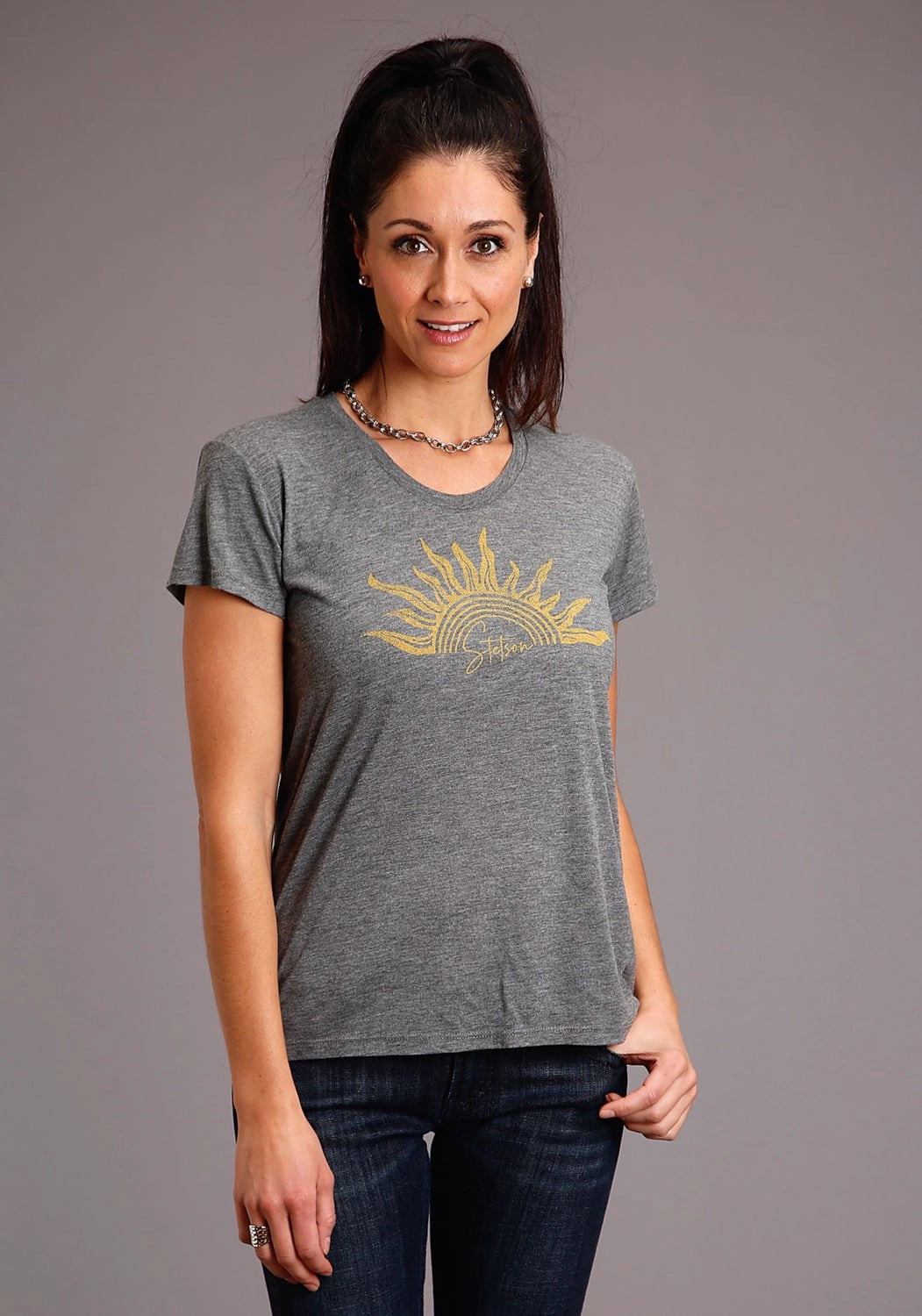 EasyCare Fabric Stetson Womens Grey Poly/Rayon Gold Sun S/S T-Shirt