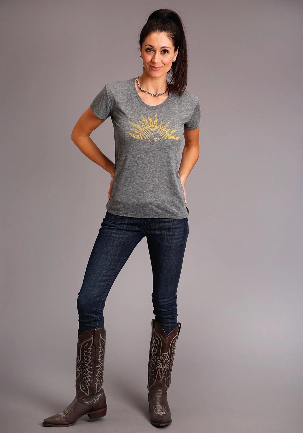 Casual Elegance Stetson Womens Grey Poly/Rayon Gold Sun S/S T-Shirt