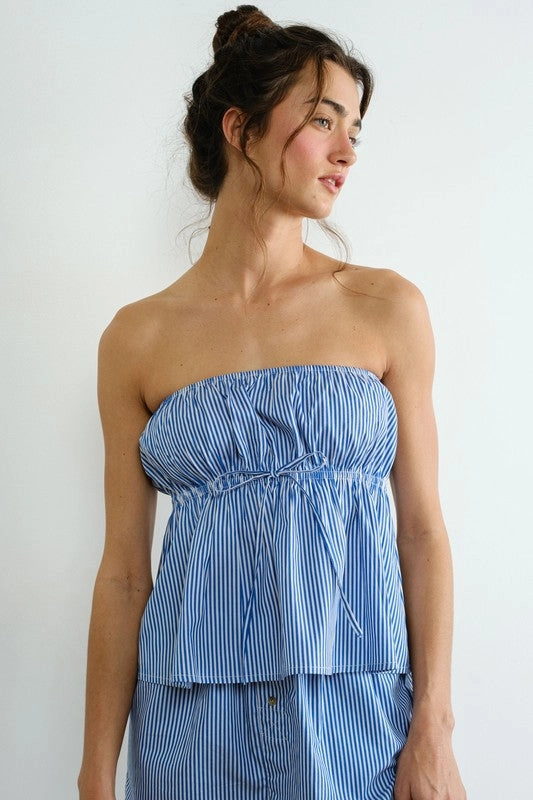 Poplin Striped Top - Blue Rolled Hem Detailing