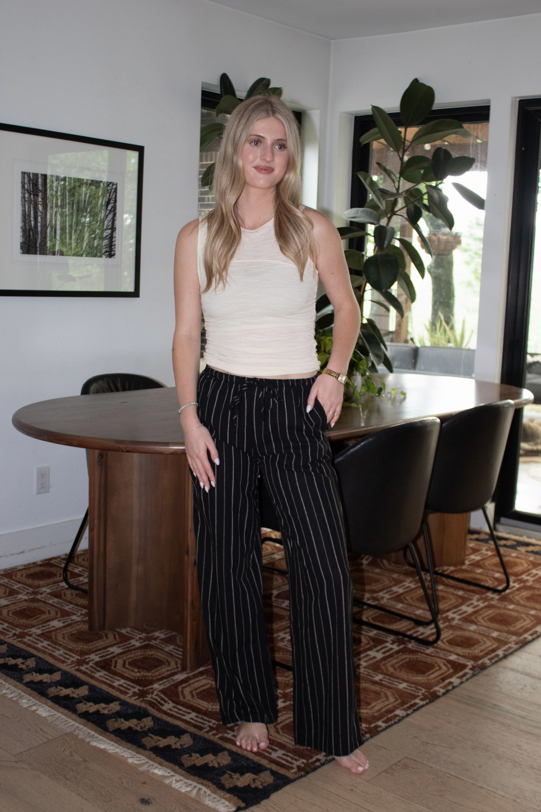 Striped Linen Wide Leg Pants - Black MoistureControlLiner City Ready