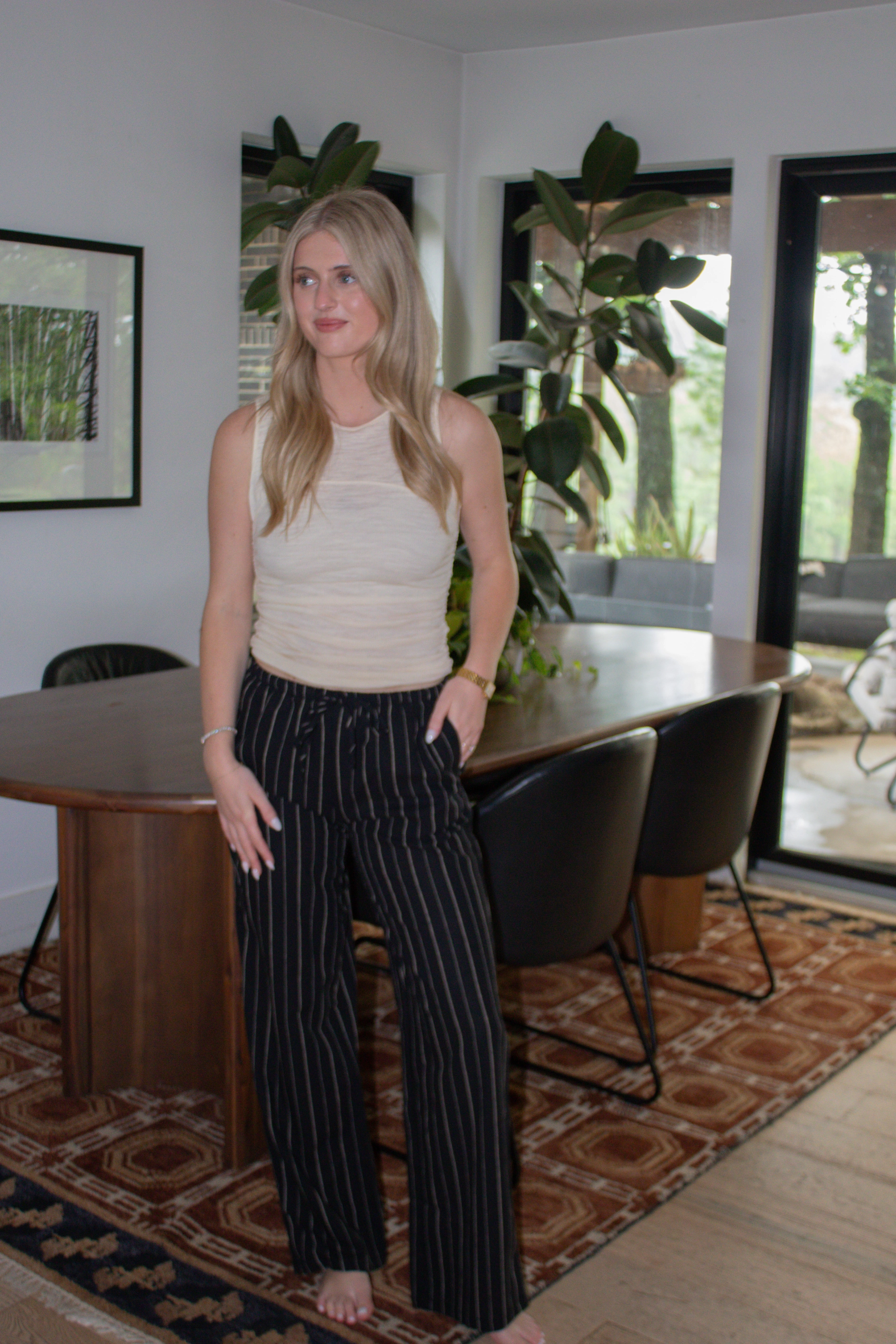 Striped Linen Wide Leg Pants - Black Functional Style