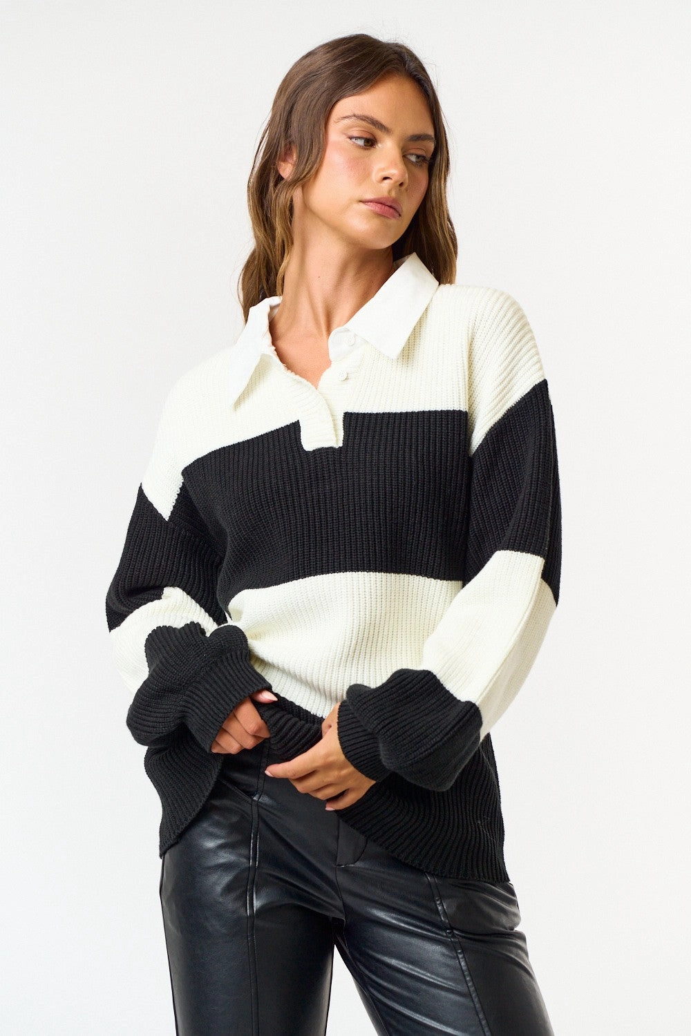 Four Way Stretch Striped Polo Sweater