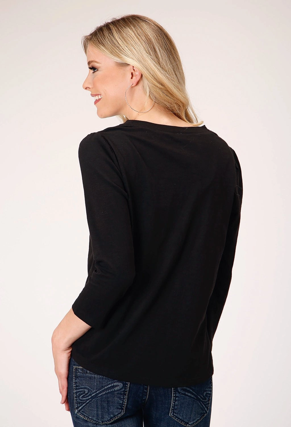 Roper Womens Curved Yokes Black 100% Cotton S/S T-Shirt Subtle Details