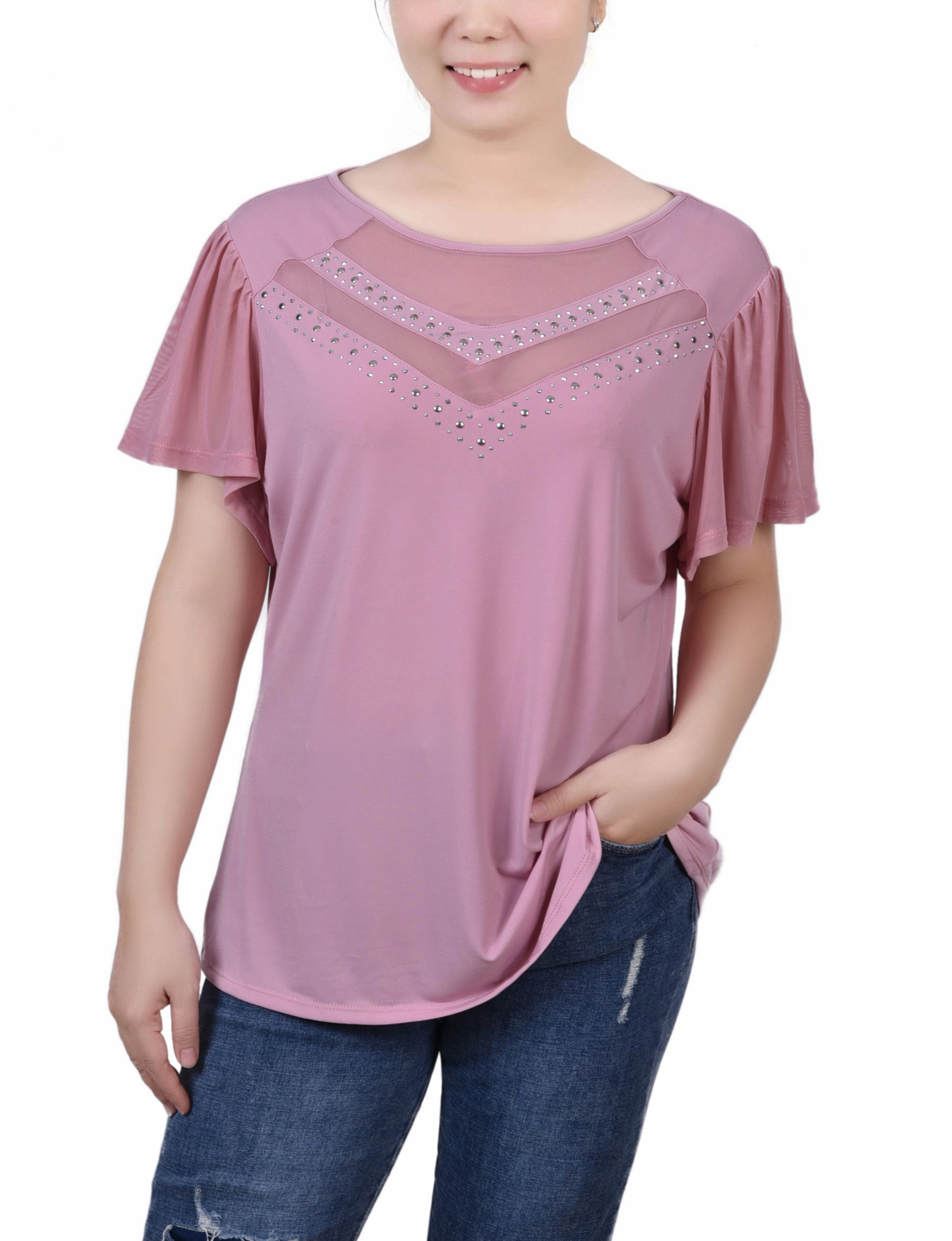 Ethical production Studded Short Flutter Sleeve Top With Mesh Details