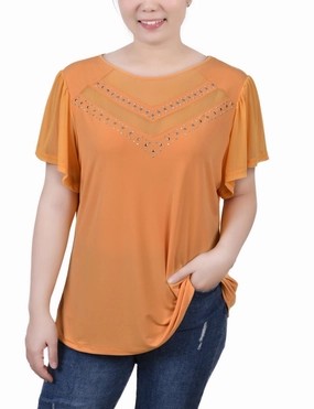 Studded Short Flutter Sleeve Top With Mesh Details Fashionable Tank Adjustable Hem Cuff