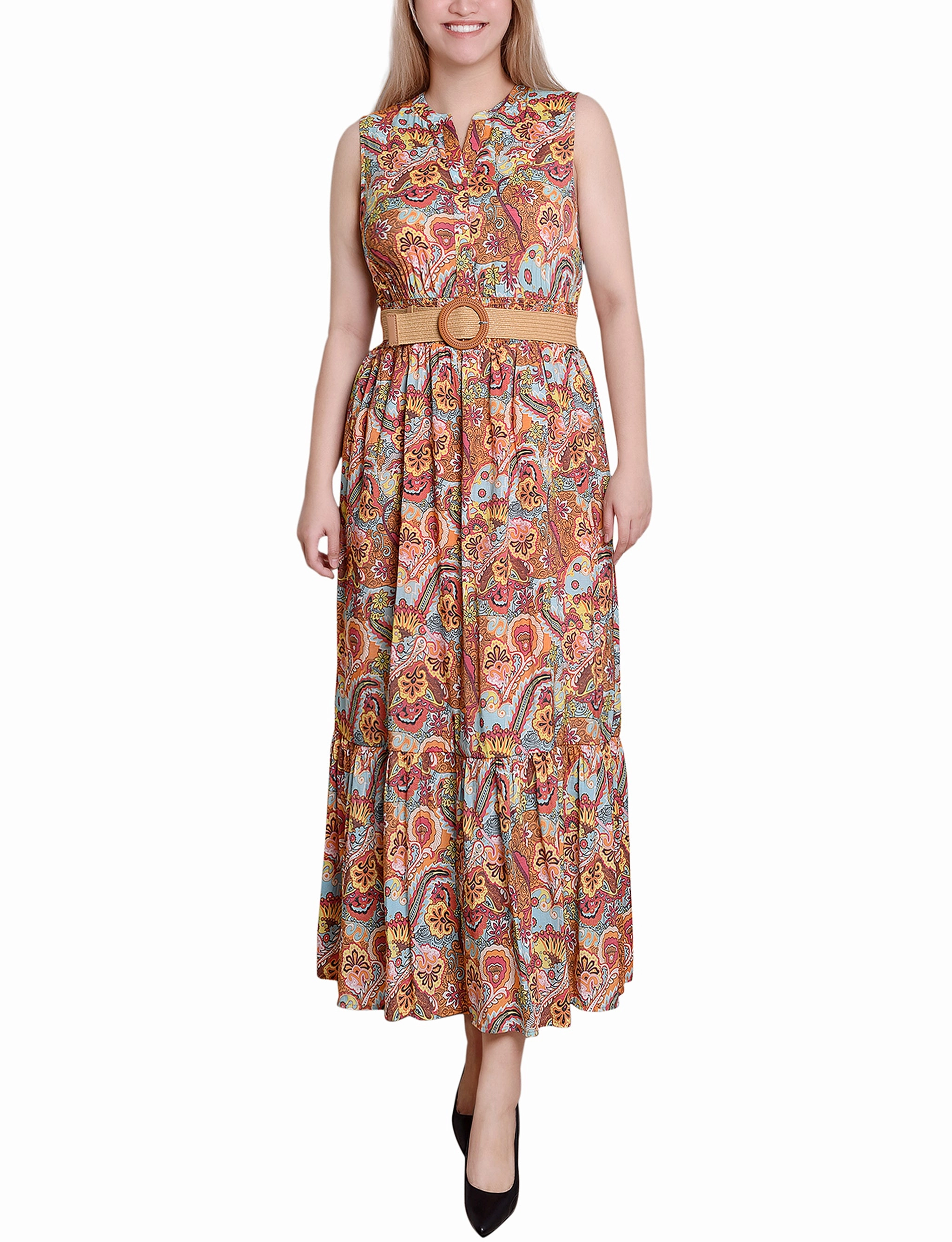 Vintage feel Satin-Edge Petite Sleeveless Belted Midi Dress