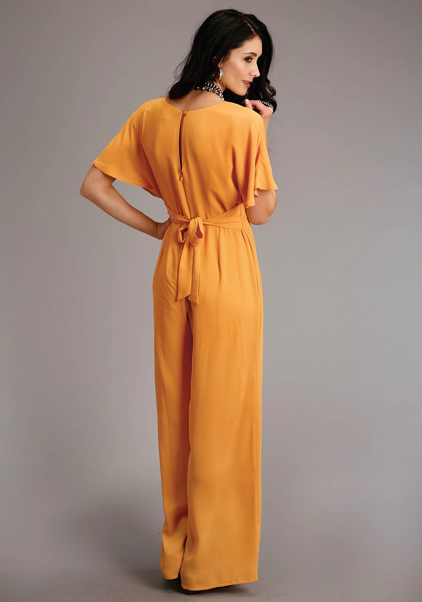 Stetson Womens Gold Polyester Crepe V-Neck S/S Jumper Winter Fashion Stretch Free Fit