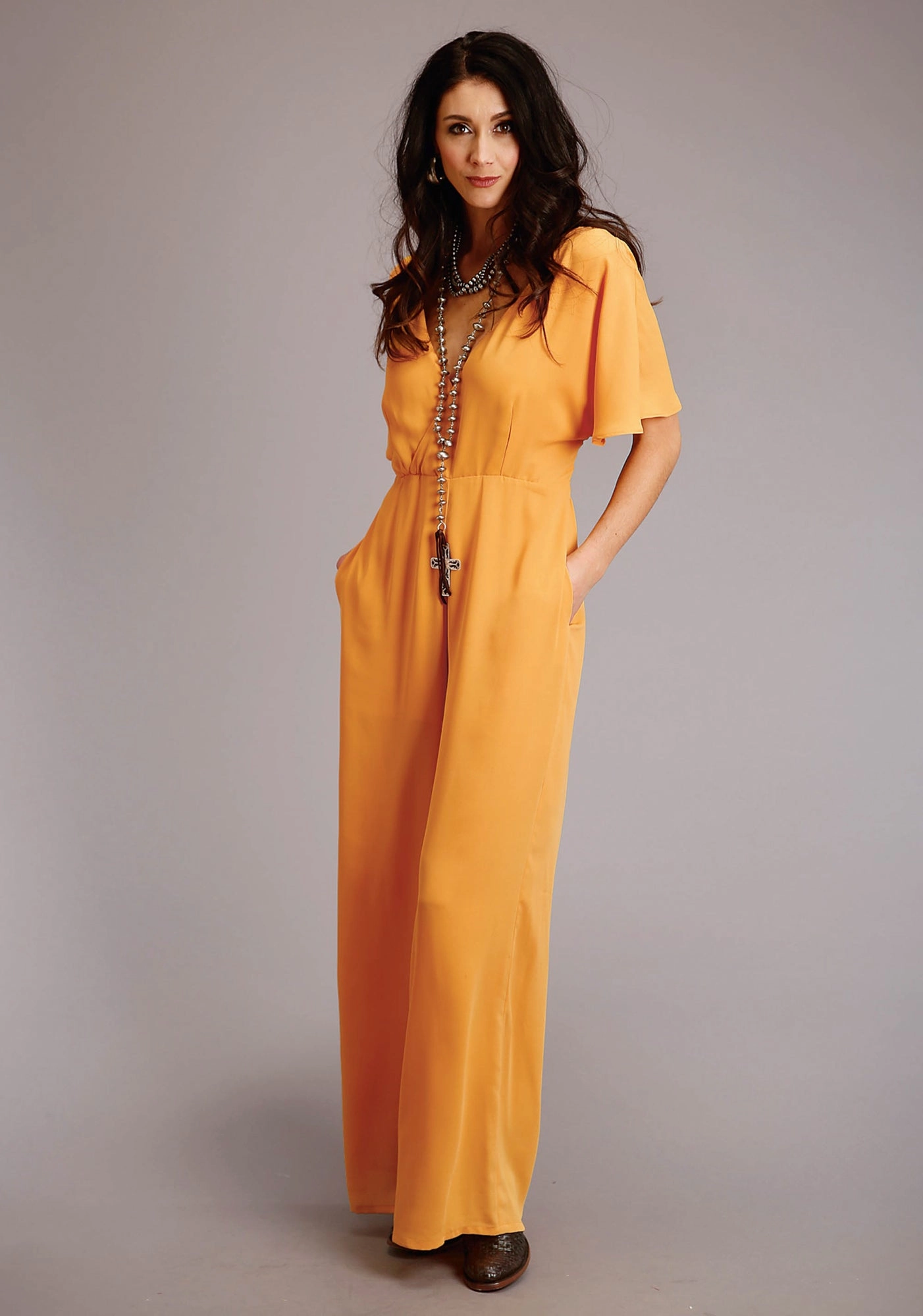 Date Night Loose Vintage Lover Stetson Womens Gold Polyester Crepe V-Neck S/S Jumper