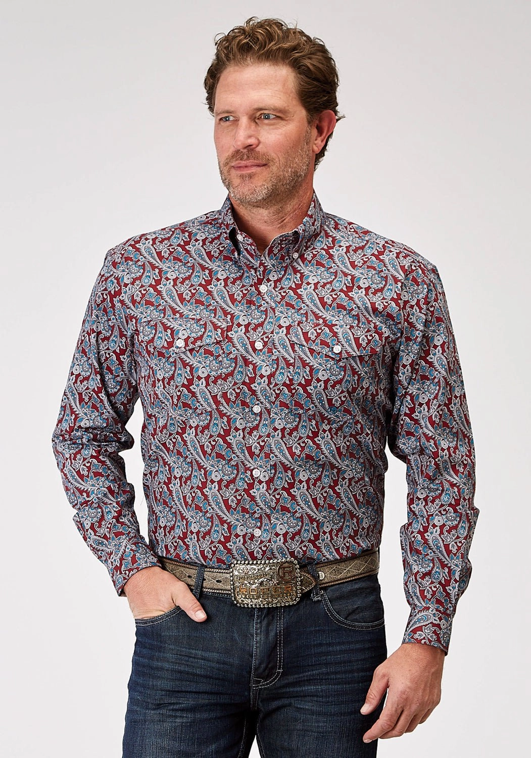 Ribbed Trim Roper Mens 1935 River Paisley Red 100% Cotton Btn L/S Shirt