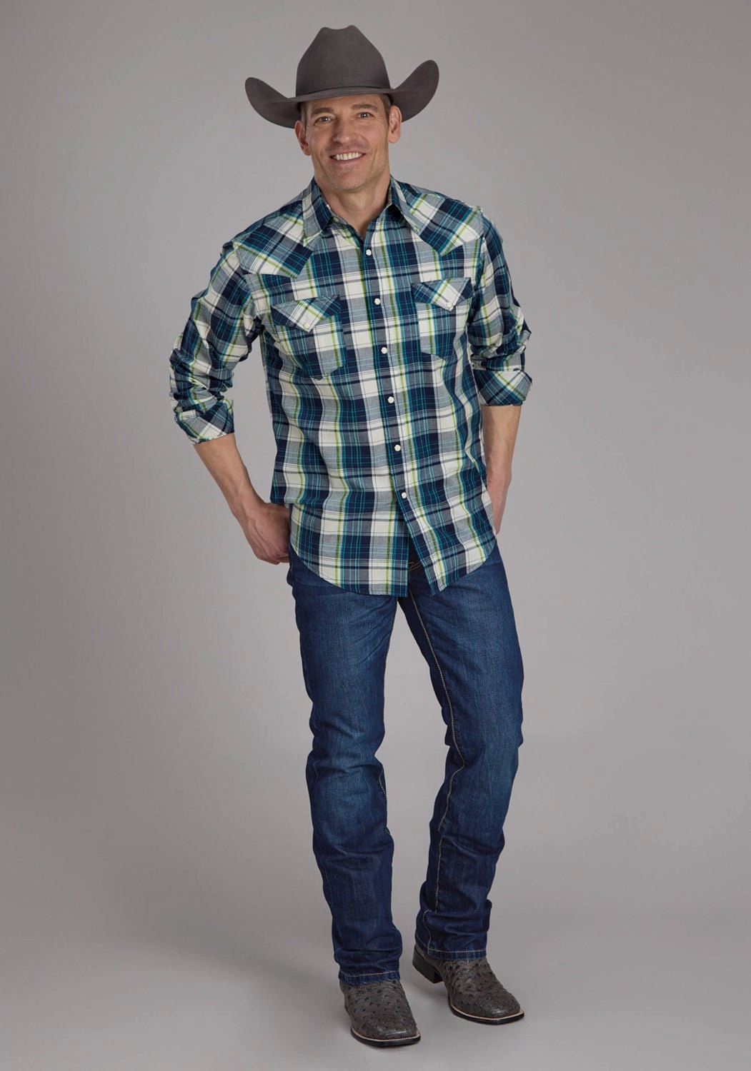 Anniversary Celebration Roper Mens 2183 Contrast Dobby Blue 100% Cotton L/S Shirt