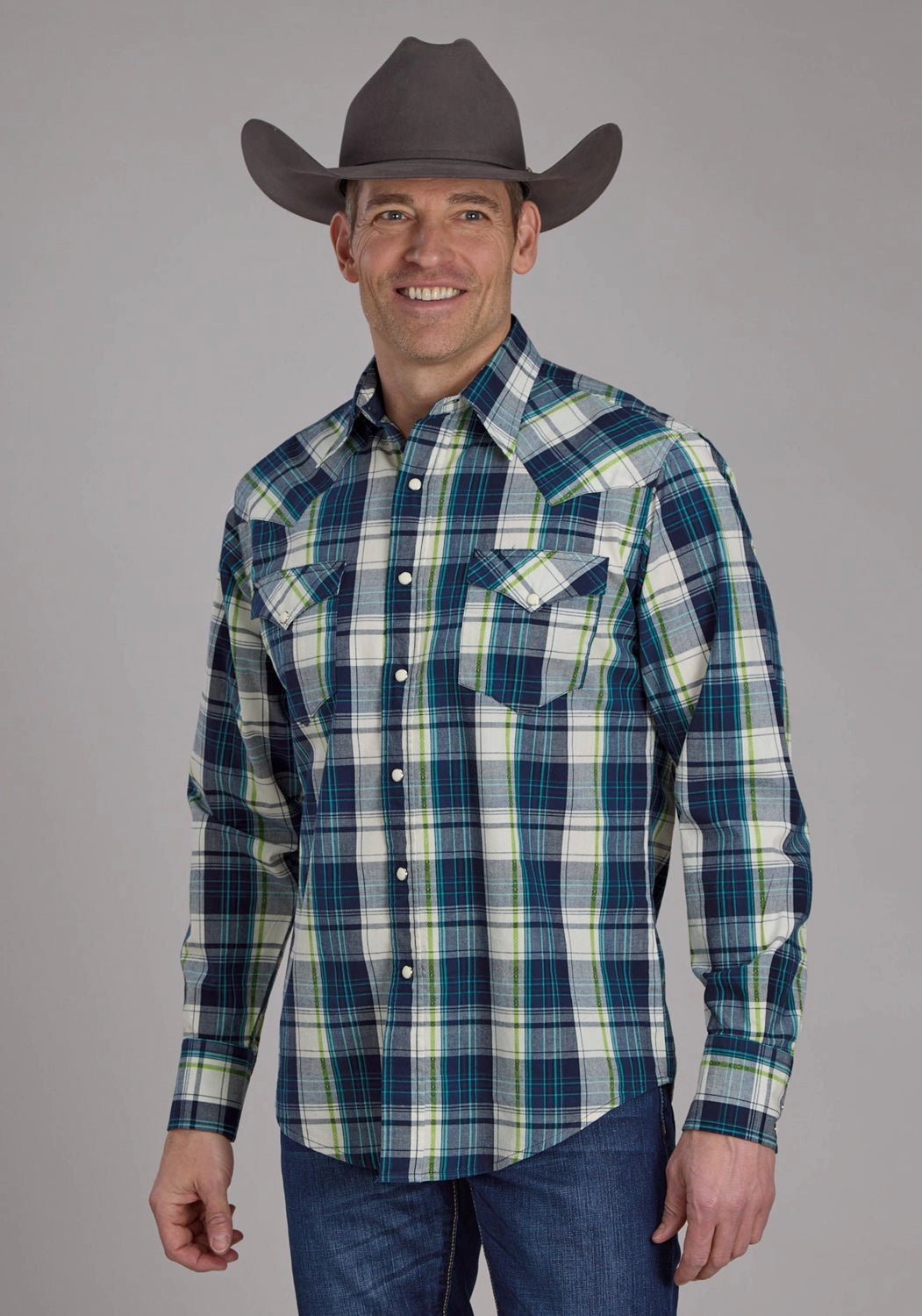 Roper Mens 2183 Contrast Dobby Blue 100% Cotton L/S Shirt Waffle Weave Hidden Button Placket