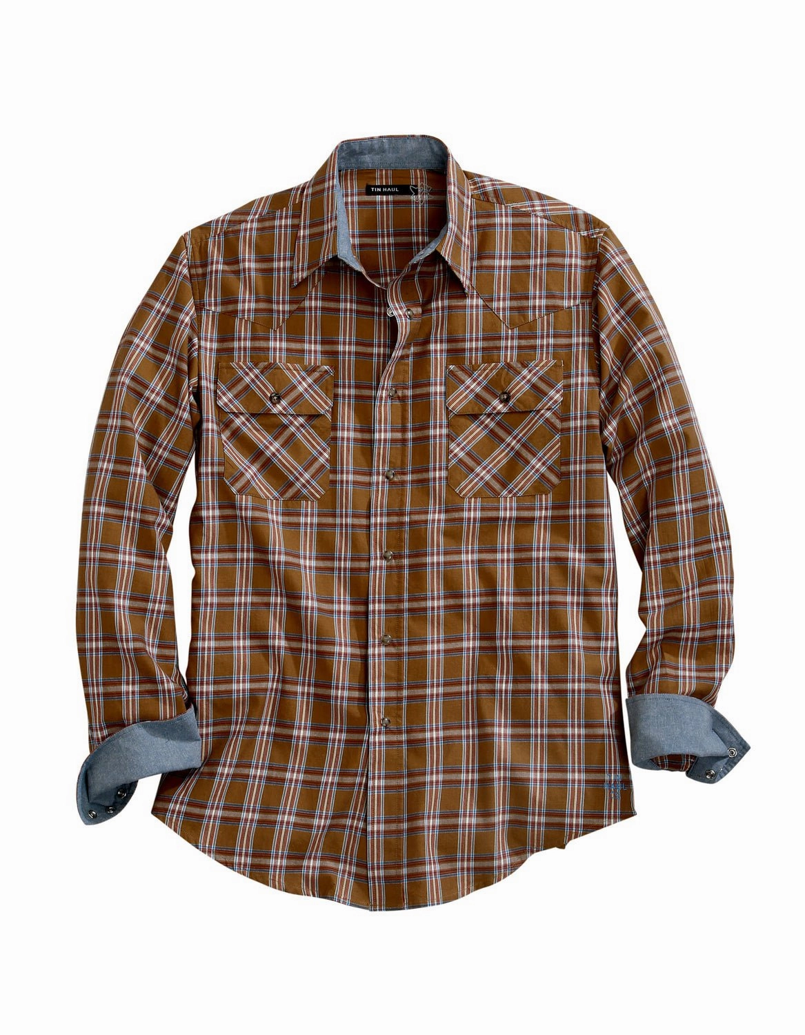 Tin Haul Mens Golden Brown 100% Cotton Plaid L/S Western Shirt Sustainable Material Wrinkle Resistant
