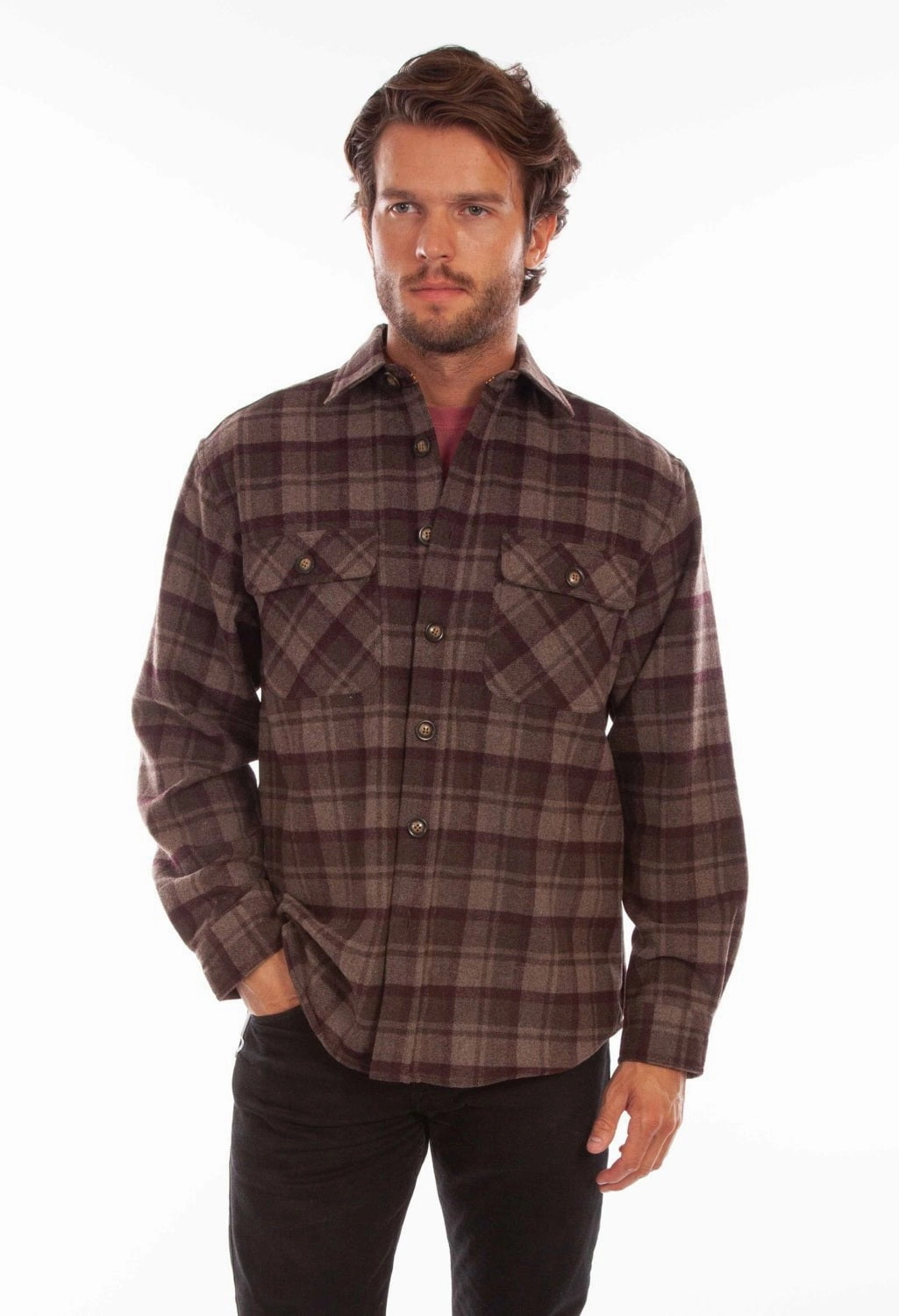 Scully Mens Chocolate/Port Wool Blend Flannel Plaid L/S Shirt All Purpose Weave Design High-Quality Material