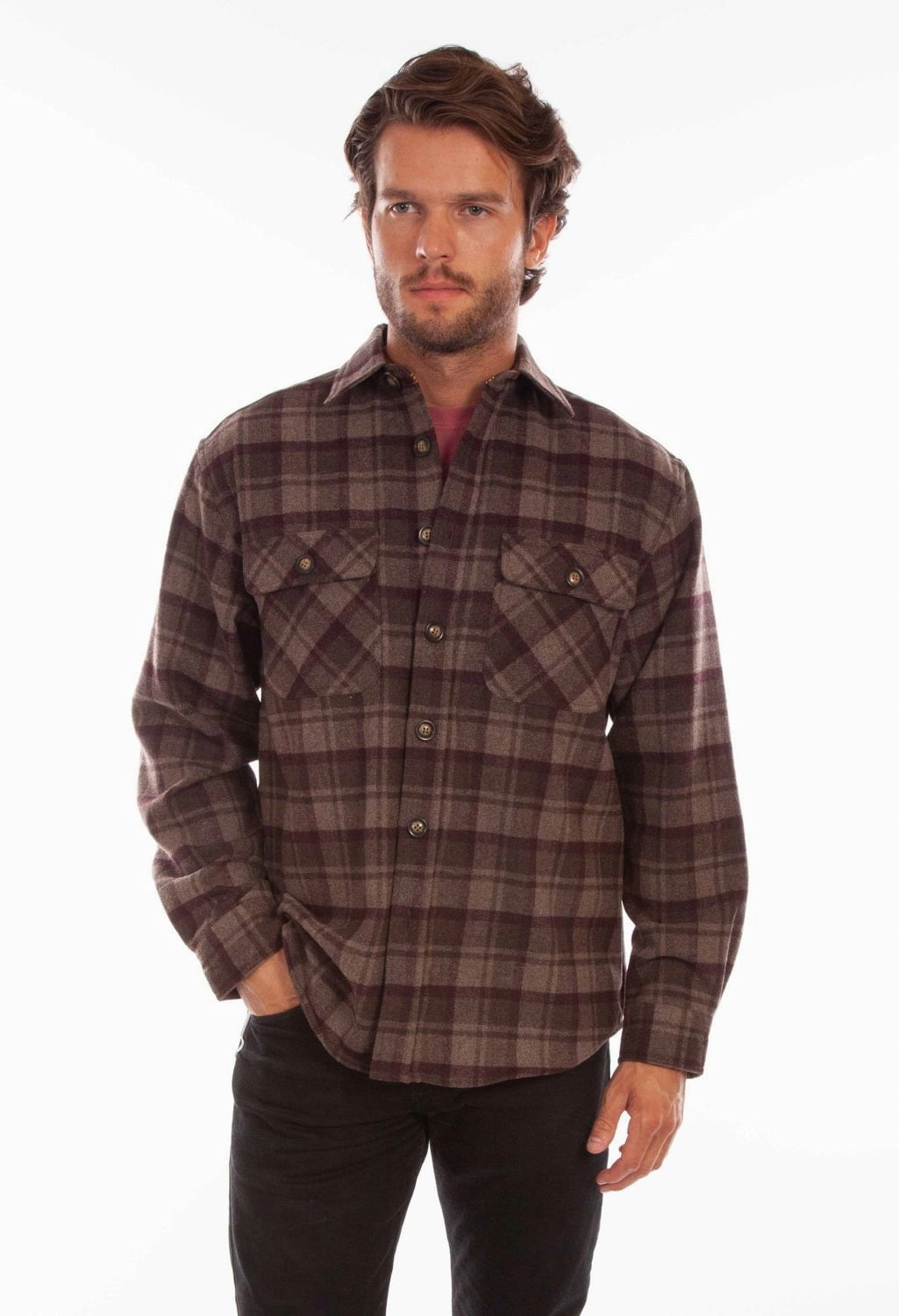 Vintage Wash Scully Mens Chocolate/Port Wool Blend Flannel Plaid L/S Shirt