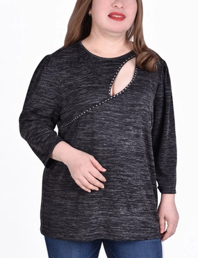 Edge Detail Plus Size 3/4 Sleeve Tunic Top With Front Cutout