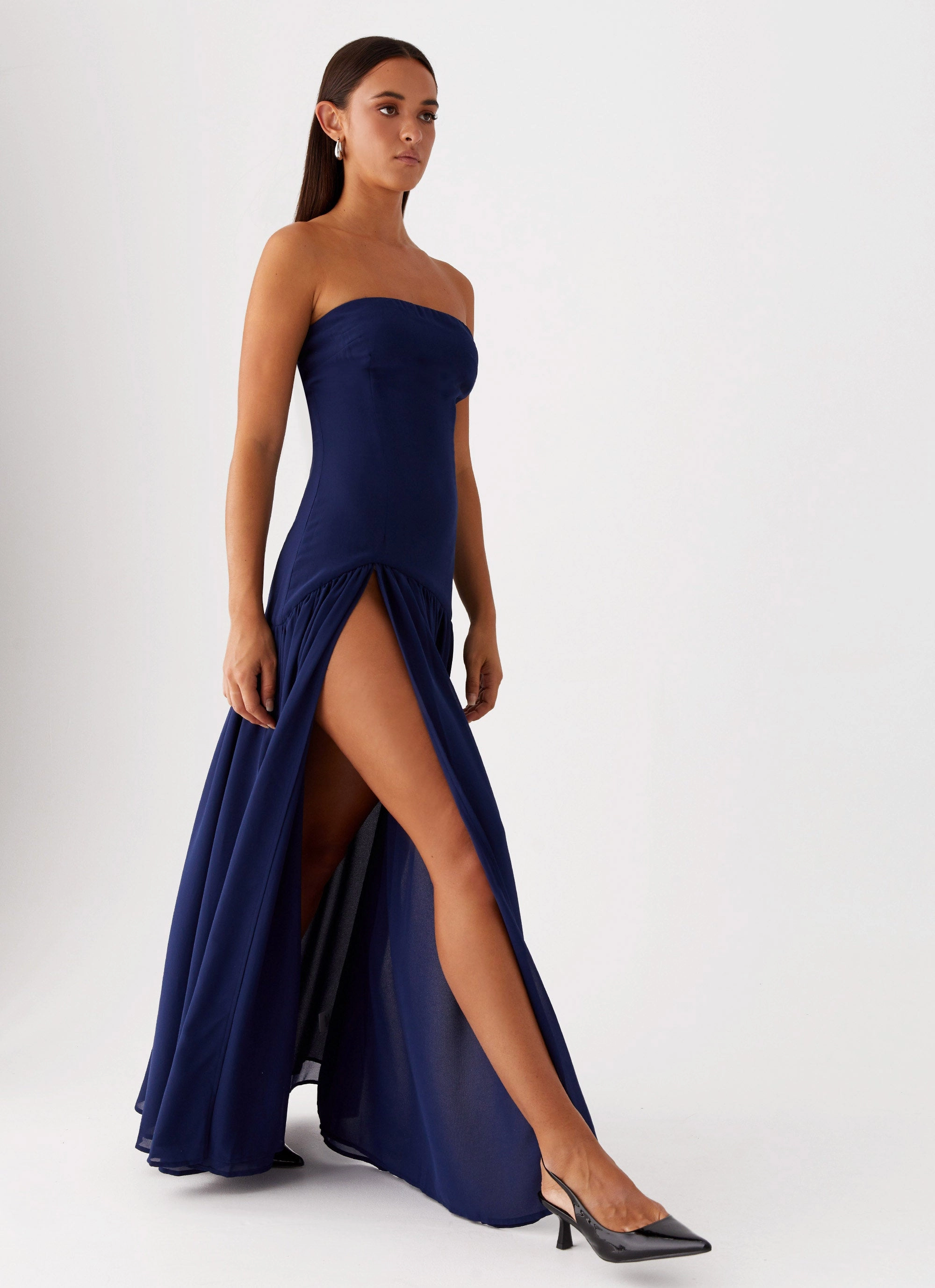 Eden Strapless Maxi Dress - Navy Faux Leather Jacket