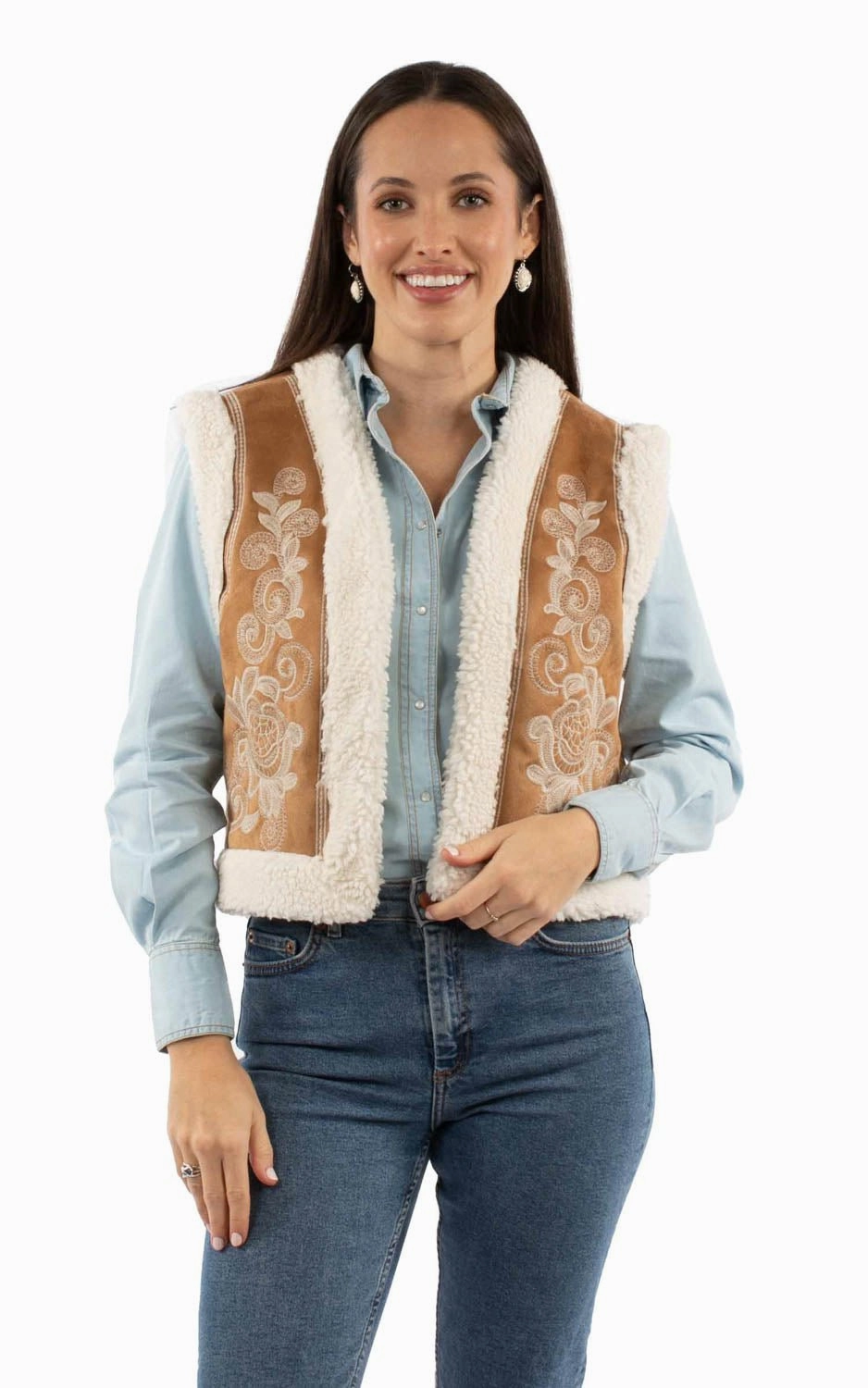 Scully Womens Floral Embroidery Faux Sherpa Tan 100% Acrylic Faux Fur Vest Outdoor Ready Comfy Layers