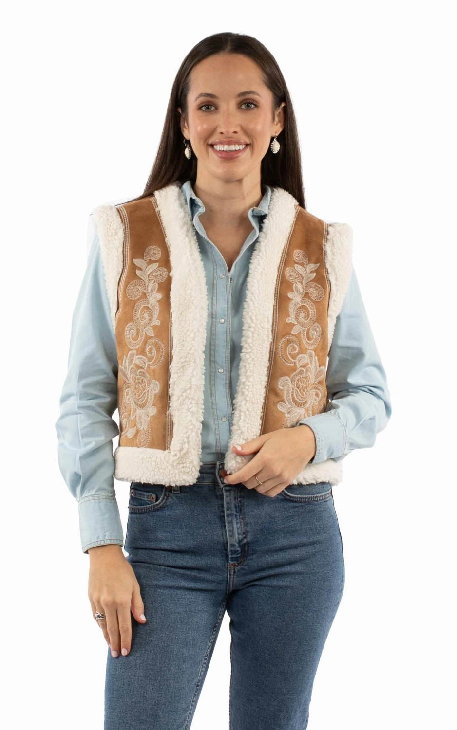 Scully Womens Floral Embroidery Faux Sherpa Tan 100% Acrylic Faux Fur Vest Relaxed Neckline