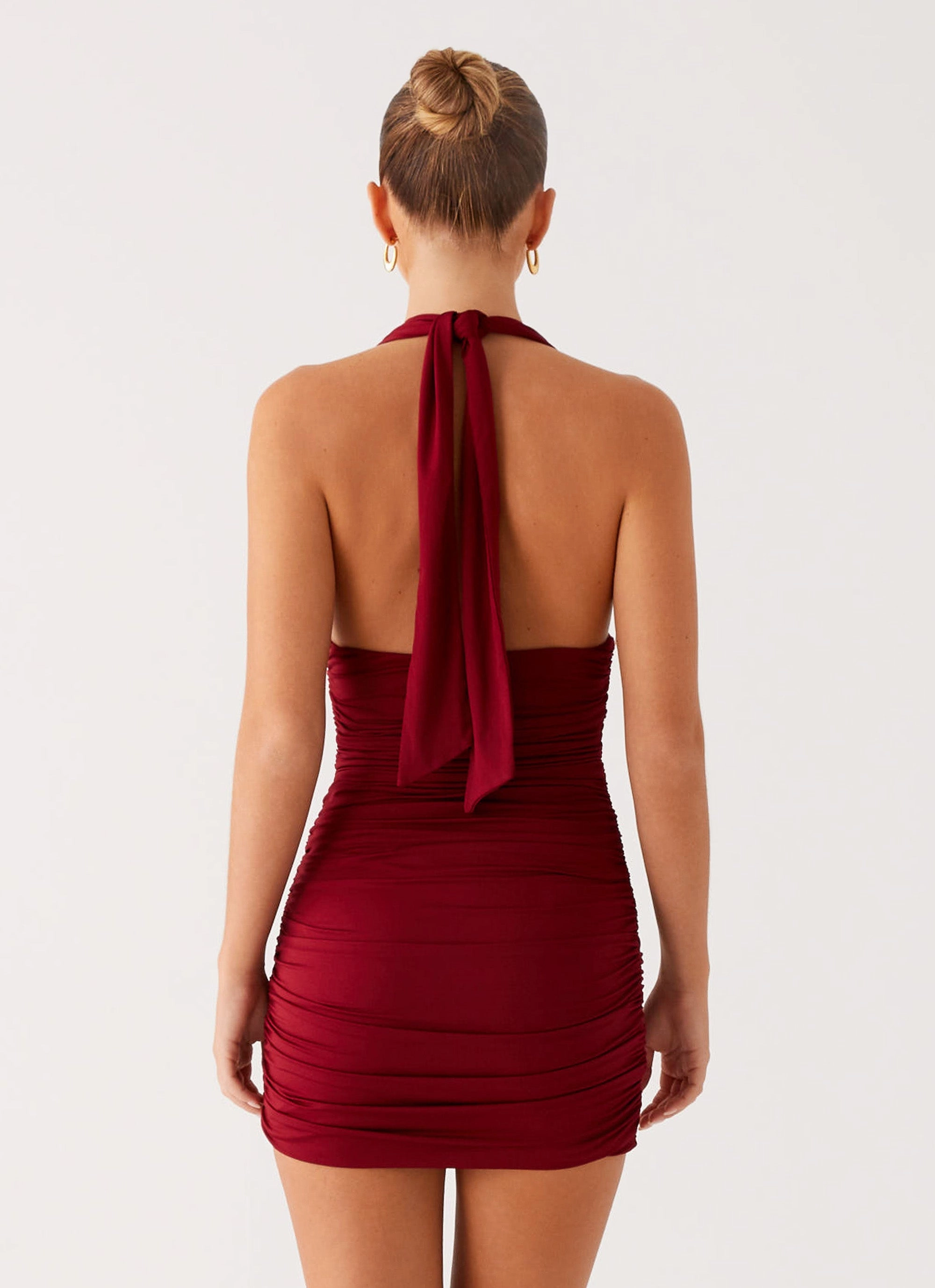 Abelia Halter Mini Dress - Maroon Matte Look Leg-Lengthening