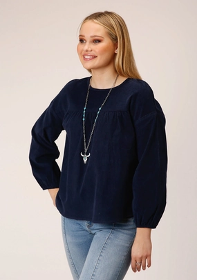 On-The-Go Style Loose Comfort Roper Womens Corduroy Velour Navy 100% Cotton L/S Blouse