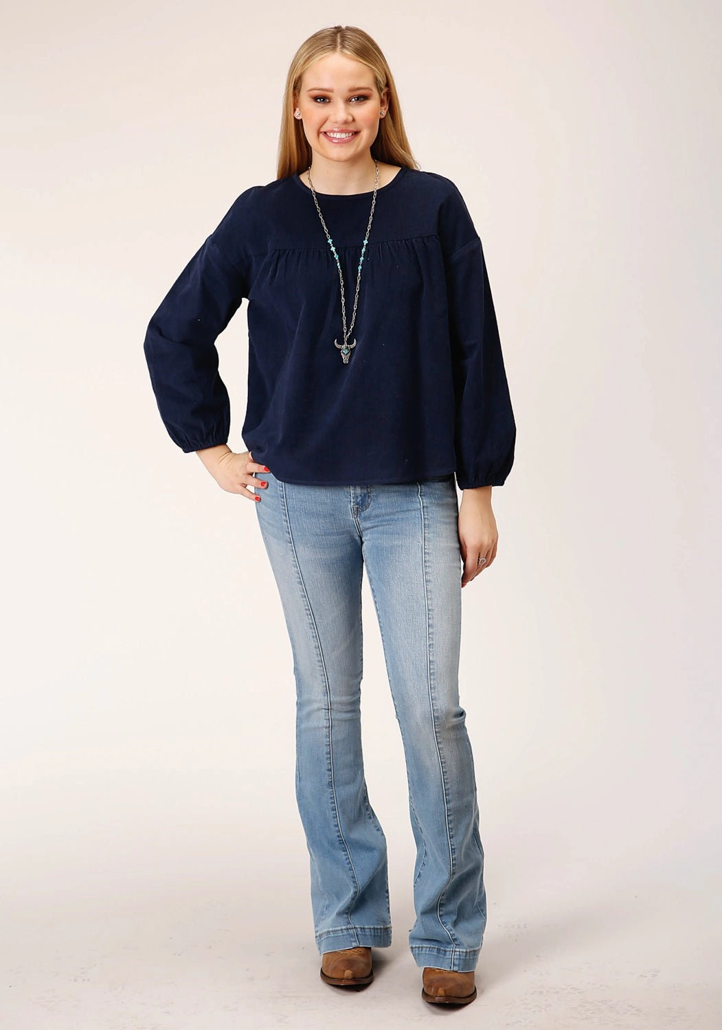 Chic Design Smart Casual Roper Womens Corduroy Velour Navy 100% Cotton L/S Blouse