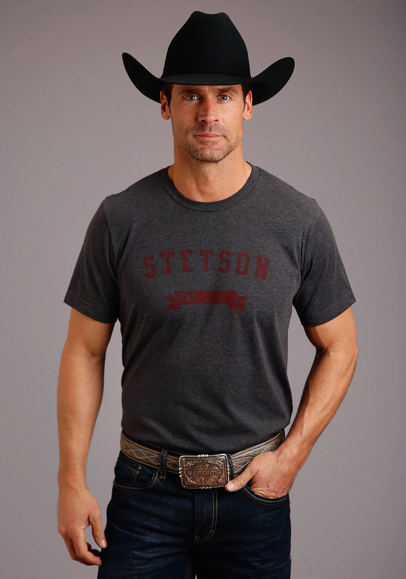 Wardrobe Essential Durable Quality Stetson Mens Grey Cotton Blend 1865 Logo S/S T-Shirt