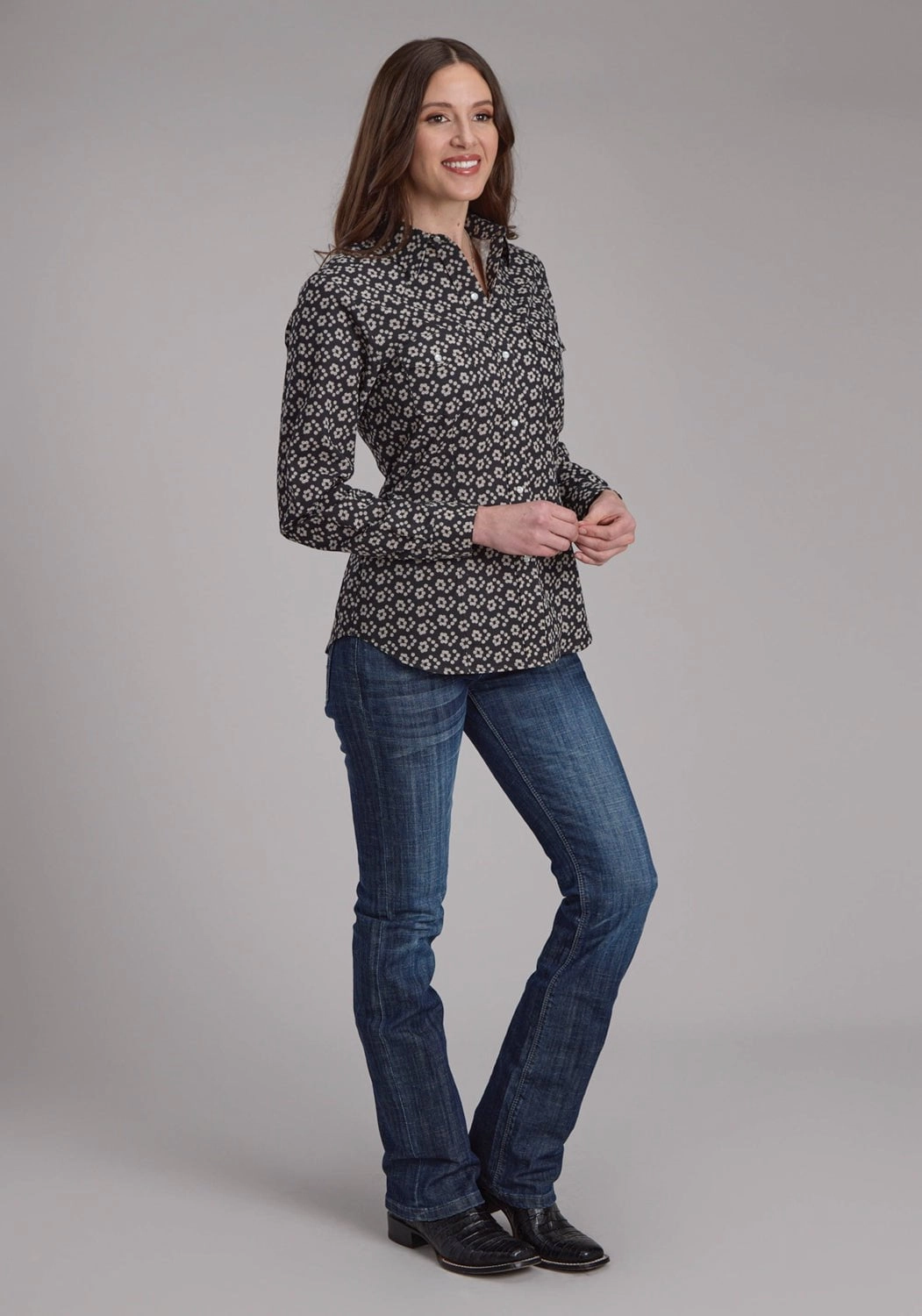 Wrinkle Resistant Material Soft Material Roper Womens 2286 Floral Black/Cream Cotton Blend L/S Shirt