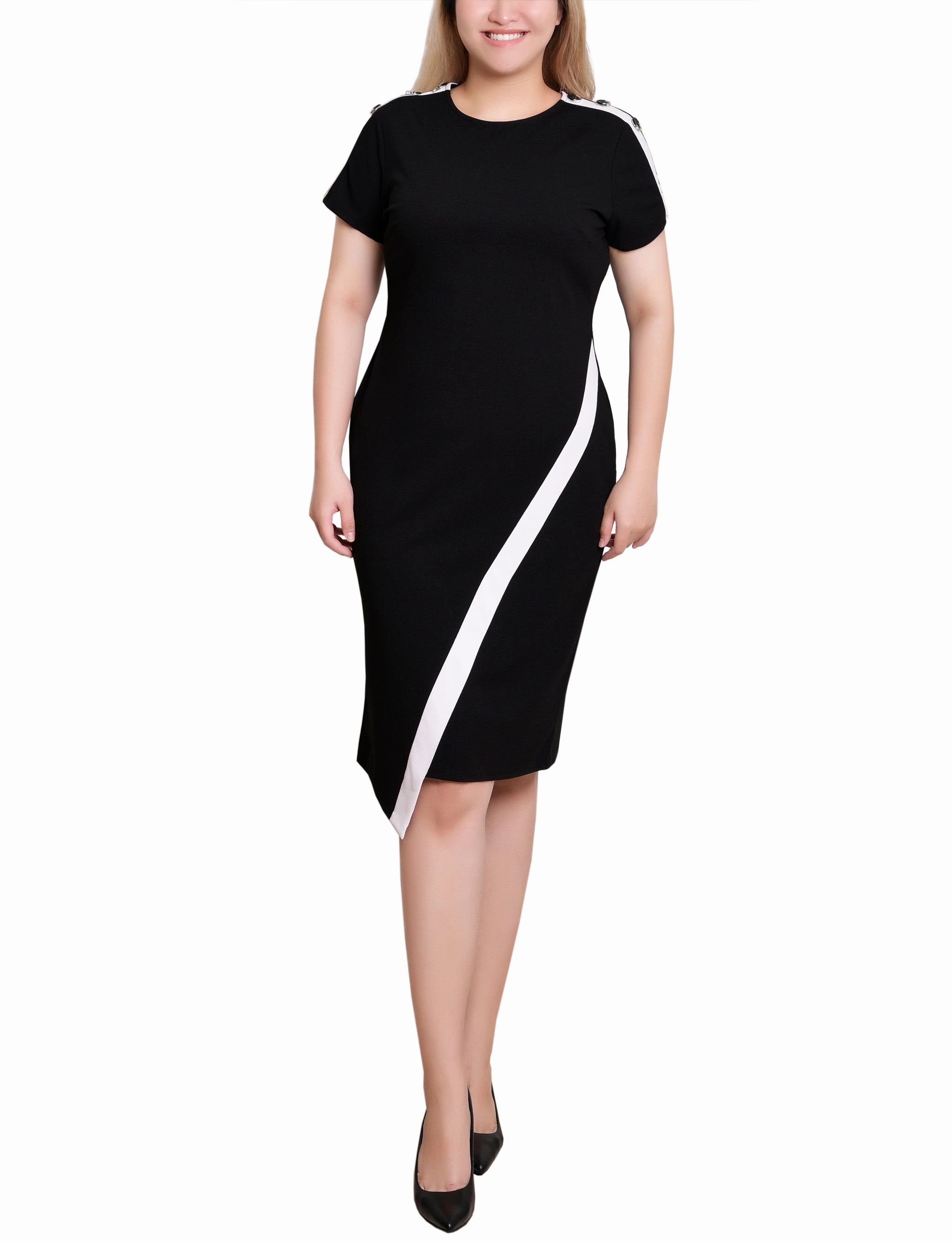 Petite Short Sleeve Assymetrical Hem Dress Bright-Hue Bare Arm