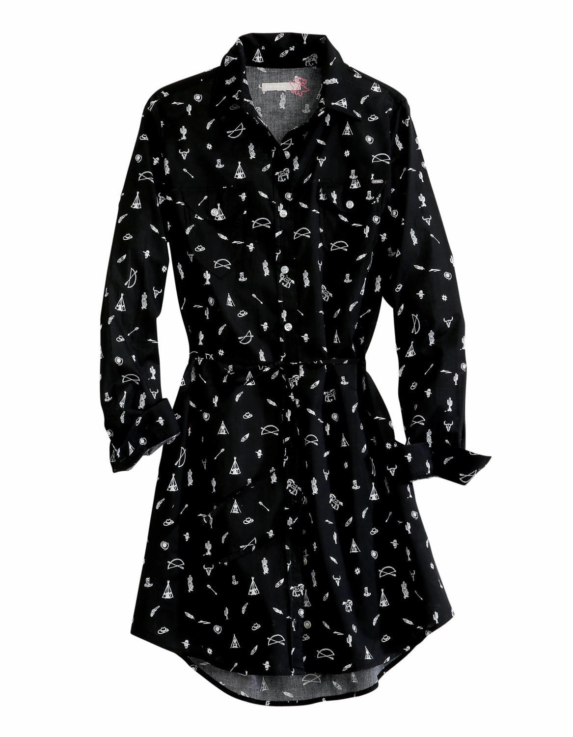 Travel Warmth Tin Haul Womens Black 100% Cotton Western Ditsy L/S Dress