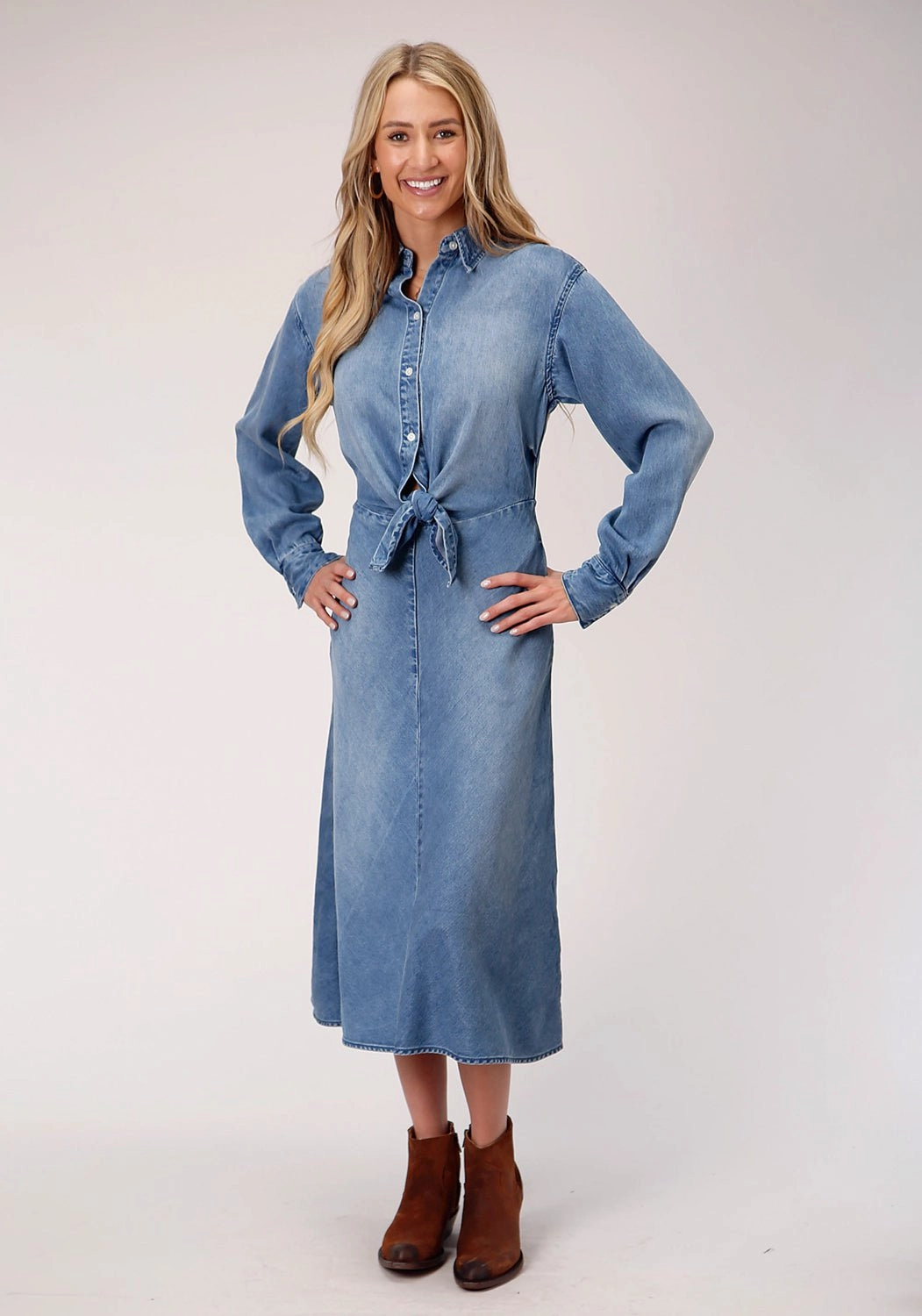 Crisp Texture Stetson Womens Denim Denim Mid-Length L/S Tie Front Dress