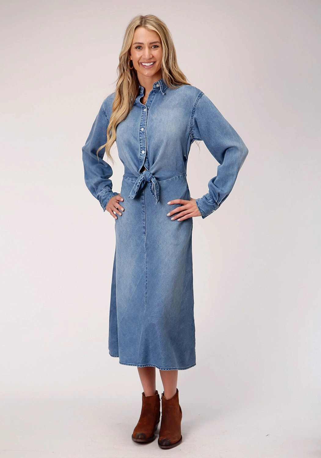 Smooth-Finish Flattering Layer Stetson Womens Denim Denim Mid-Length L/S Tie Front Dress