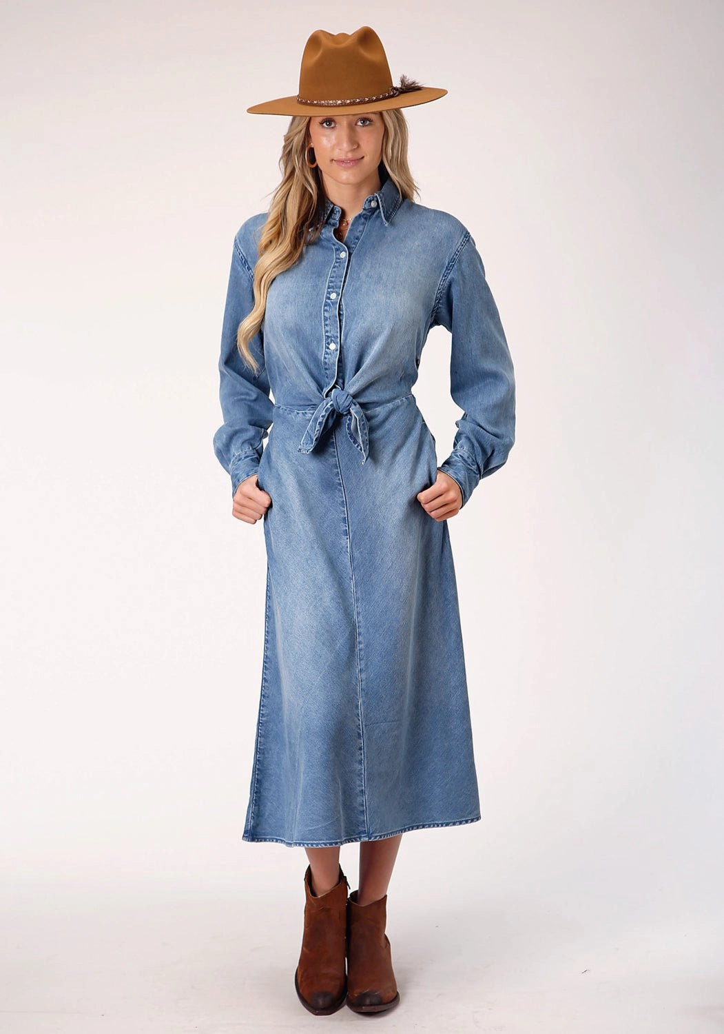 Daily Chic Stetson Womens Denim Denim Mid-Length L/S Tie Front Dress