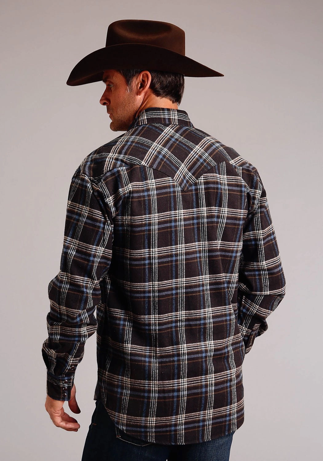 Reinforced Shoulders Vibrant Hue Stetson Mens Light Blue Plaid Brown 100% Cotton L/S Shirt
